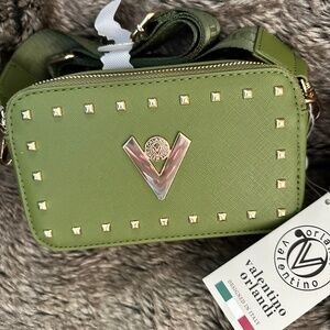 Khaki green Valentino Orlandi camera bag with gold accents and two zippers
